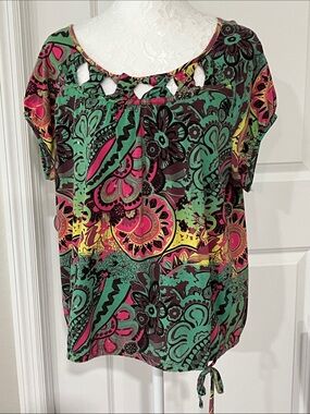 next Roman Green Multi-Color paisley floral Cutout Neck Cotton Drawstring Waist